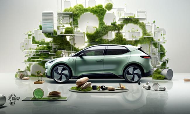 Illustration of a green car in front of a modern building overgrown with plants.