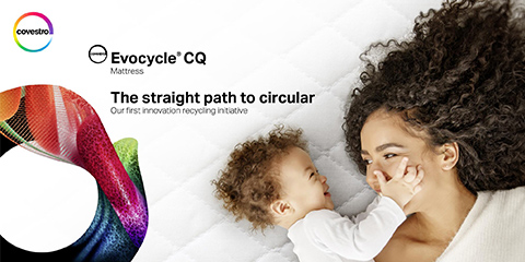 Top view of a woman lying next to her child, next to an abstract, round symbol and the lettering >Evocycle® CQ Mattress< and >The straignt path to circular - Our first innovation recycling initiative<