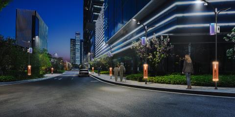 Street with buildings at night