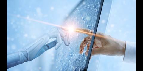 Hands of robot and human touching on virtual interface