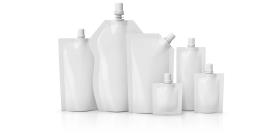 Unbranded samples of flexible and disposable packaging for liquids in a range of shapes and sizes
